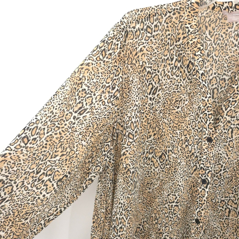 Chico's Button Down Chiffon Tunic Women 3 (XL) Tan Leopard Print Long Sleeve - Picture 2 of 8